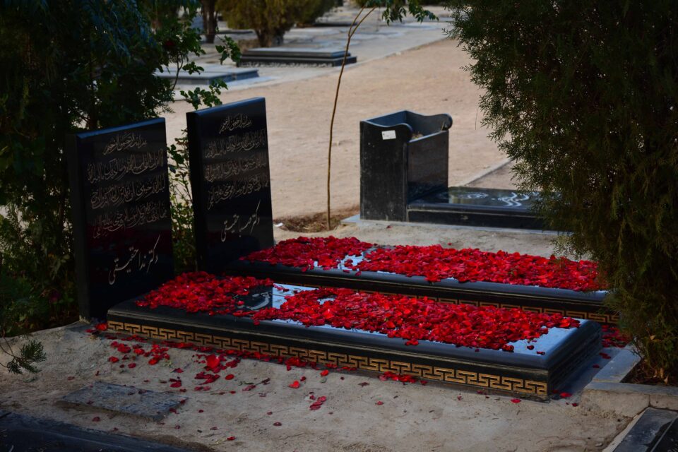 Petali di fiori sulle lapidi dei caduti nella guerra Iran-Irag nel cimitero di Behesht-e-Zahra a Teheran Iran